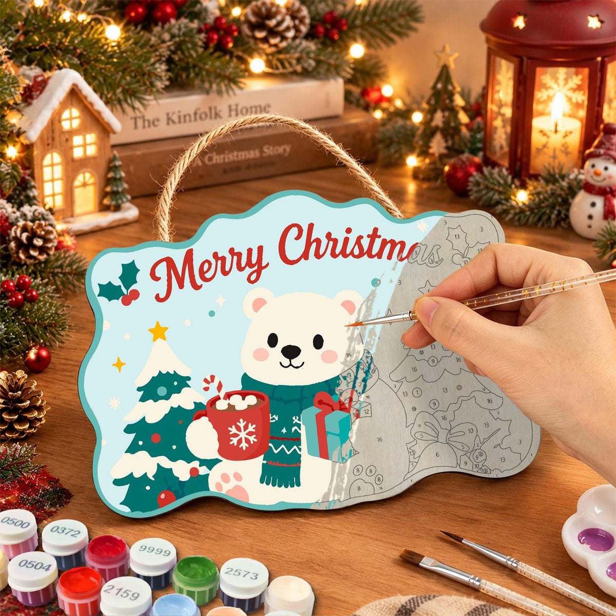 Cocoa Mug Polar Bear in Pines paint by numbers hanging sign – image 7