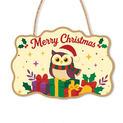 Striped Scarf Owl on Presents paint by numbers hanging sign – Owl in a Santa hat and striped scarf perched on wrapped gifts among holly and stars, with Merry Christmas, on a wooden sign with a rope hanger
