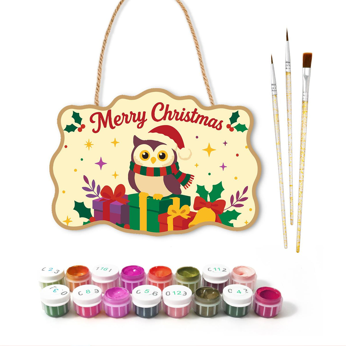 Striped Scarf Owl on Presents paint by numbers hanging sign – image 2