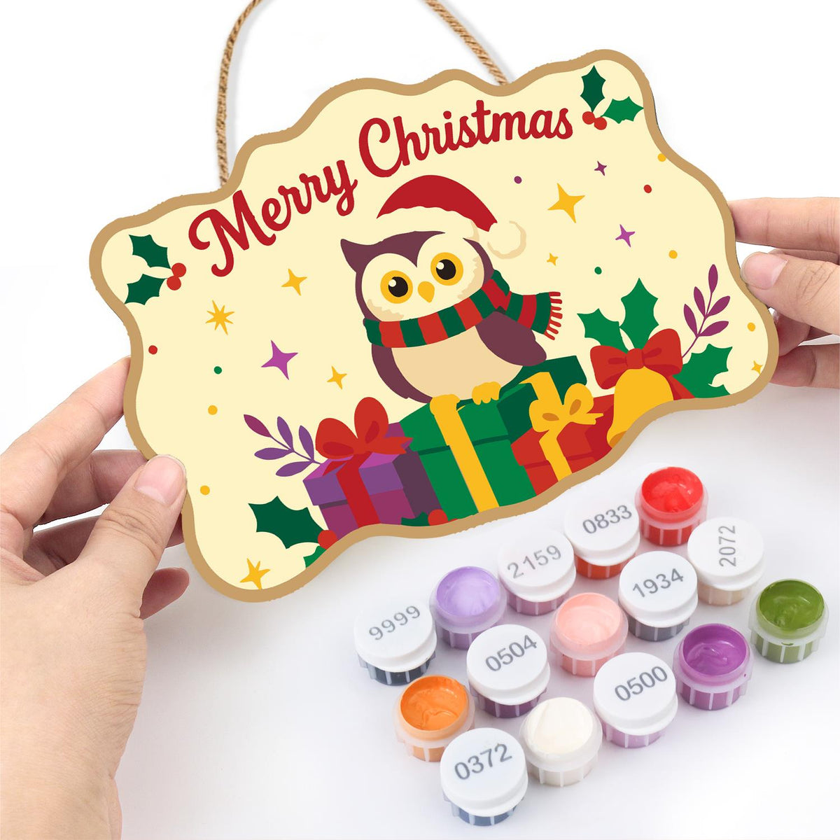 Striped Scarf Owl on Presents paint by numbers hanging sign – image 9