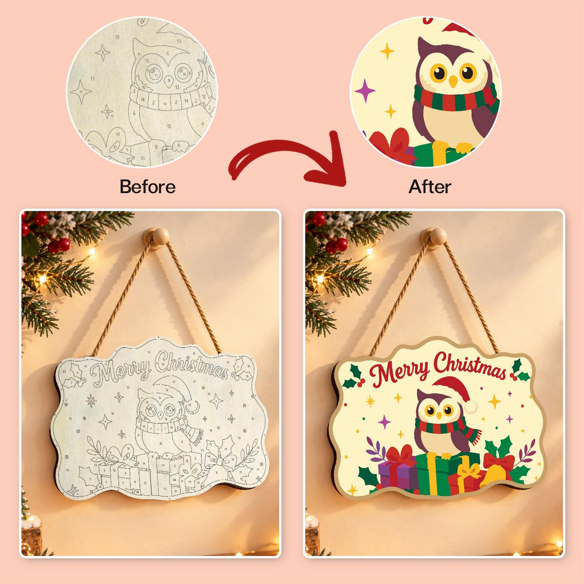 Striped Scarf Owl on Presents paint by numbers hanging sign – image 10