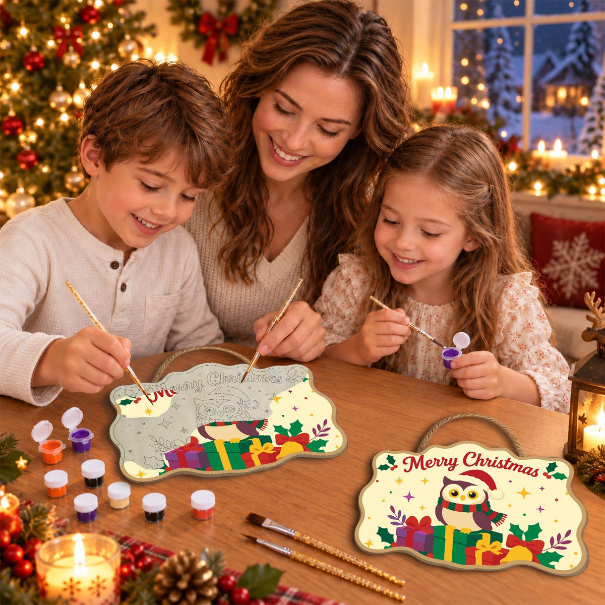 Striped Scarf Owl on Presents paint by numbers hanging sign – image 12