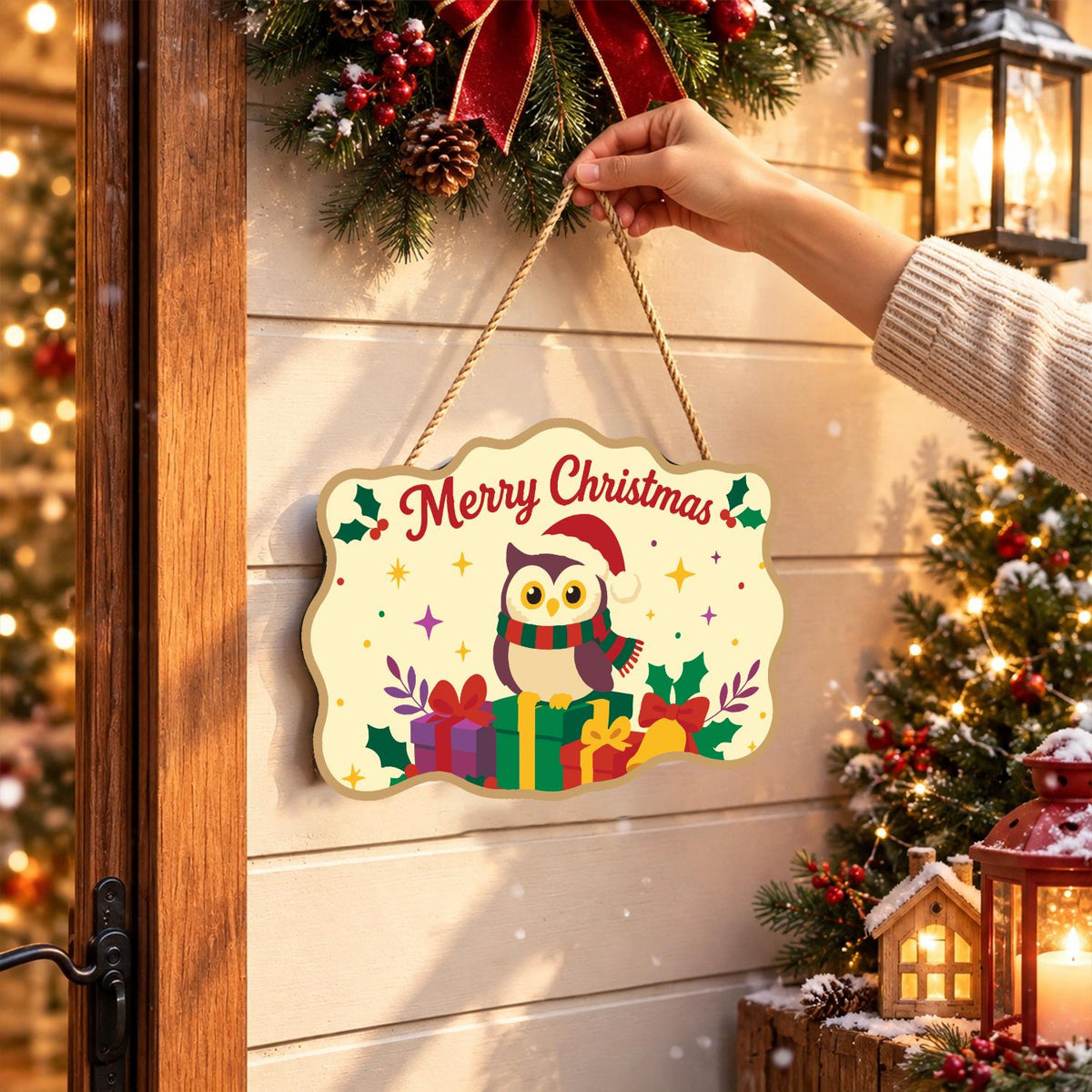 Striped Scarf Owl on Presents paint by numbers hanging sign – image 14