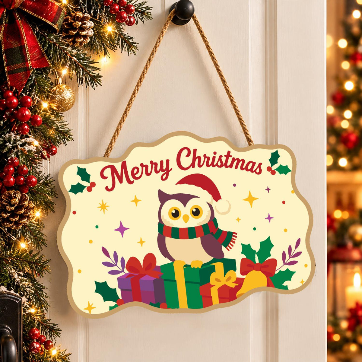 Striped Scarf Owl on Presents paint by numbers hanging sign – image 16