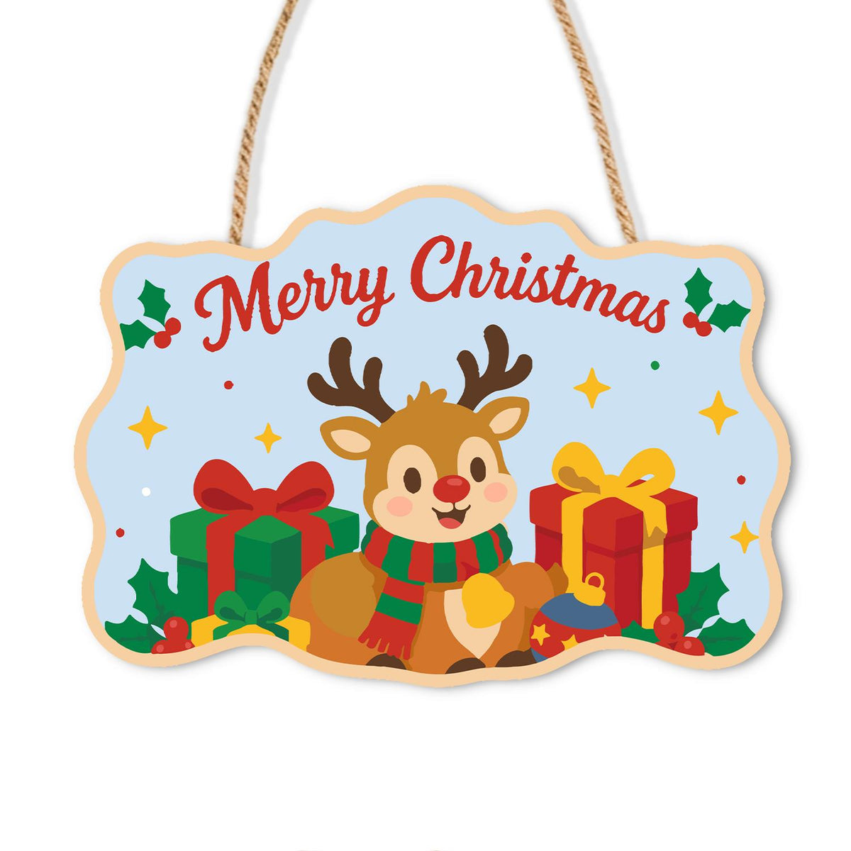 Little Reindeer and Gold Present paint by numbers hanging sign – Little reindeer in a striped scarf between a red gift and a gold gift on pale blue, with Merry Christmas, on a wooden sign with a rope hanger