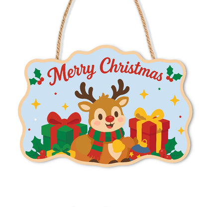 Little Reindeer and Gold Present paint by numbers hanging sign – Little reindeer in a striped scarf between a red gift and a gold gift on pale blue, with Merry Christmas, on a wooden sign with a rope hanger