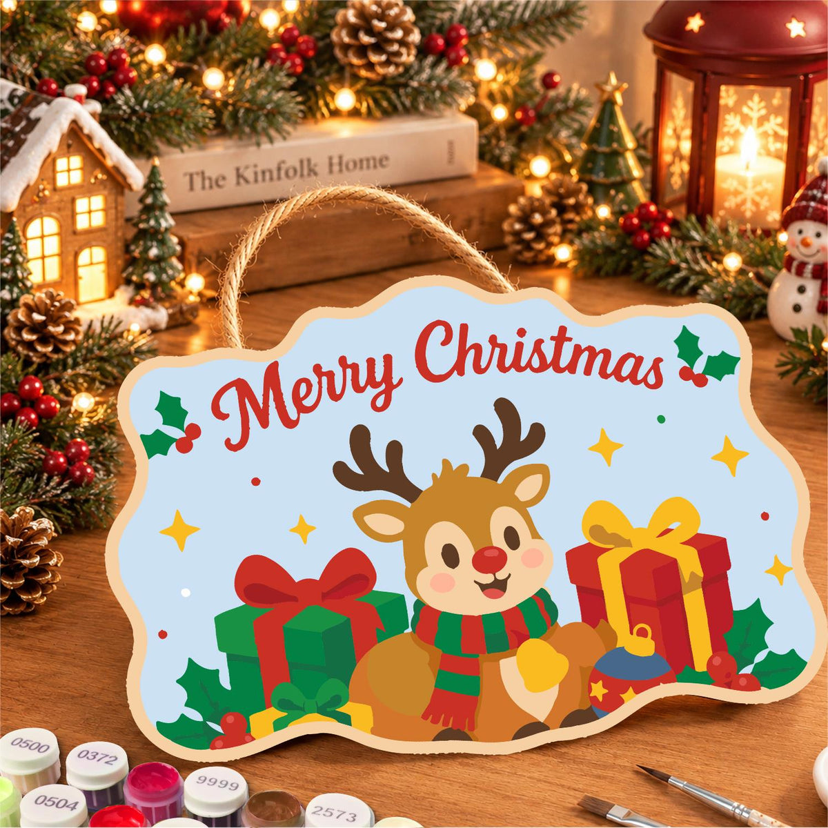 Little Reindeer and Gold Present paint by numbers hanging sign – image 8