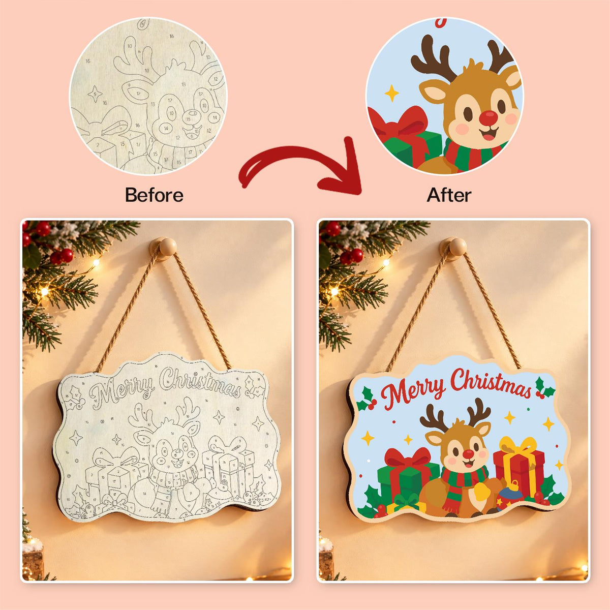 Little Reindeer and Gold Present paint by numbers hanging sign – image 10