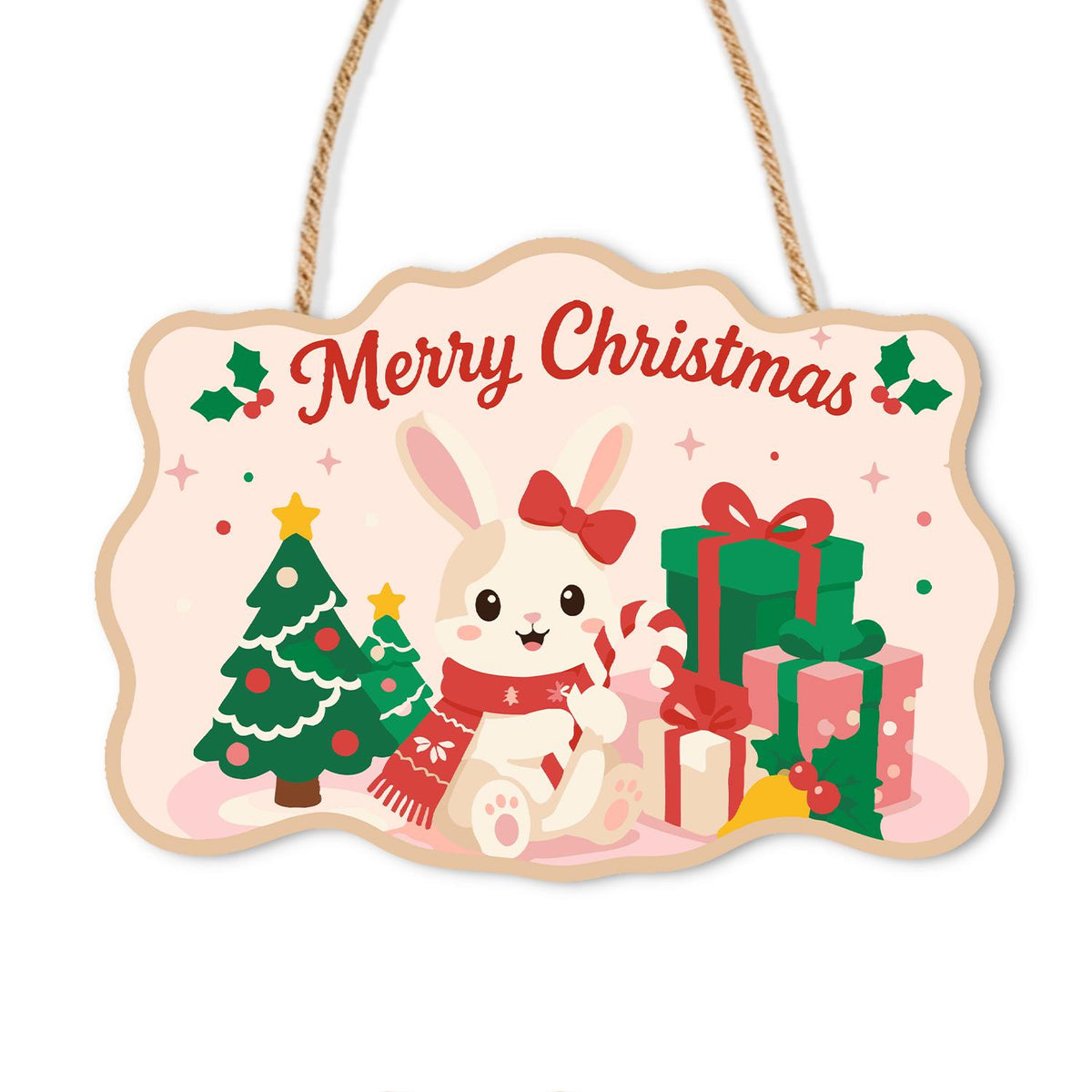 Snow Bunny with a Candy Cane paint by numbers hanging sign – White bunny with a red bow and scarf holding a candy cane by a tree and gifts on pink, with Merry Christmas, on a wooden sign with a rope hanger
