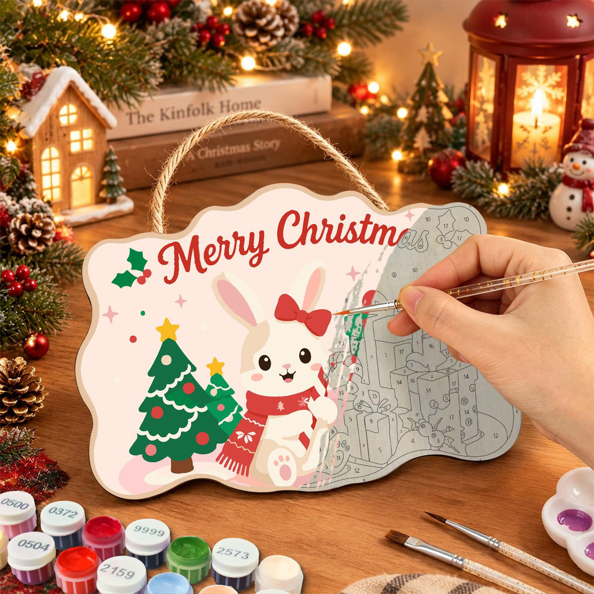 Snow Bunny with a Candy Cane paint by numbers hanging sign – image 7