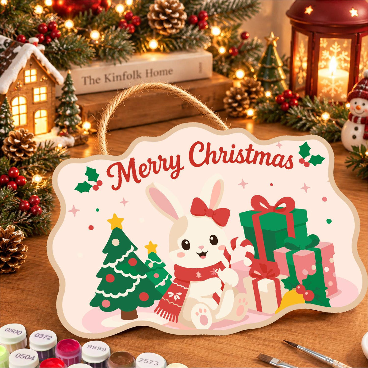 Snow Bunny with a Candy Cane paint by numbers hanging sign – image 8