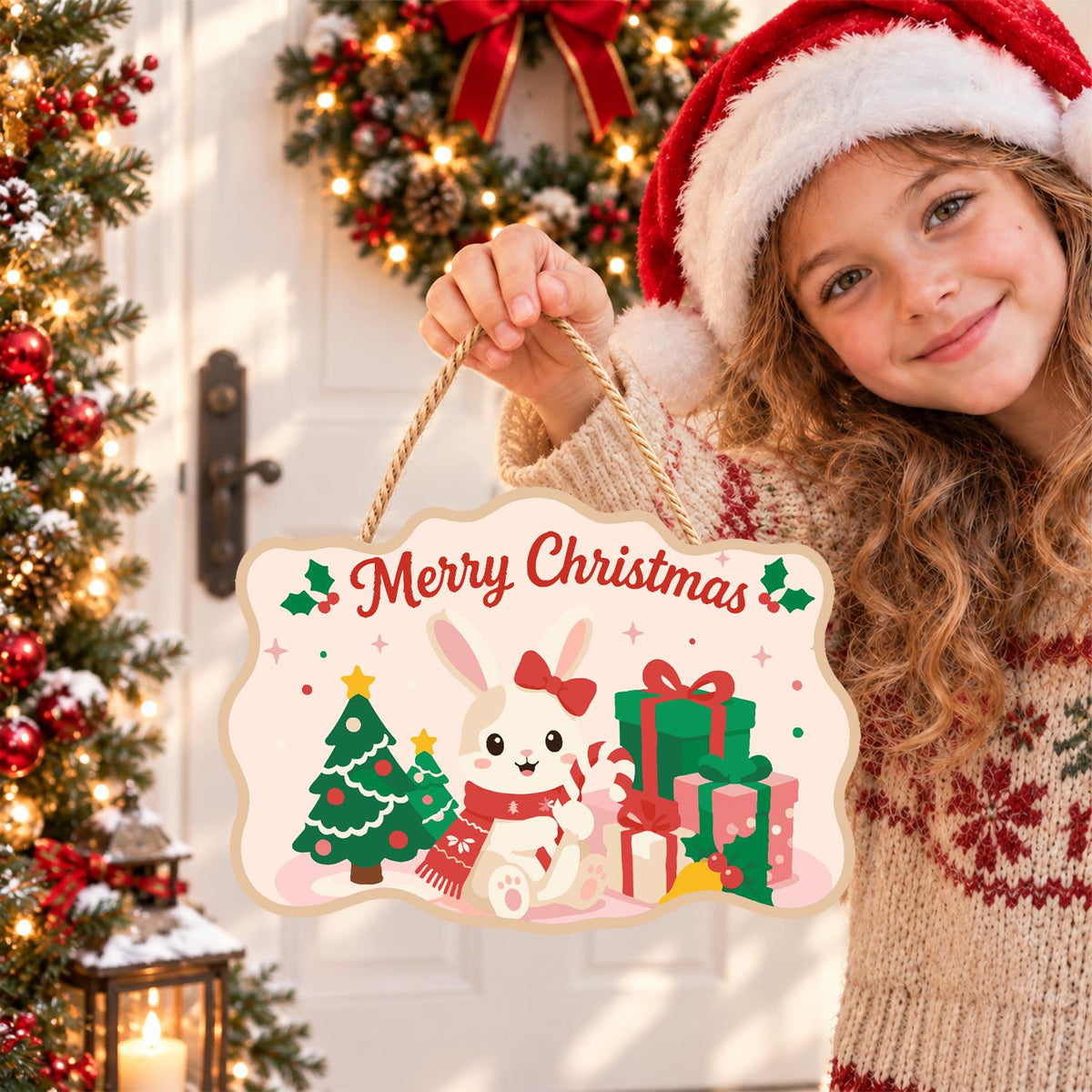 Snow Bunny with a Candy Cane paint by numbers hanging sign – image 13