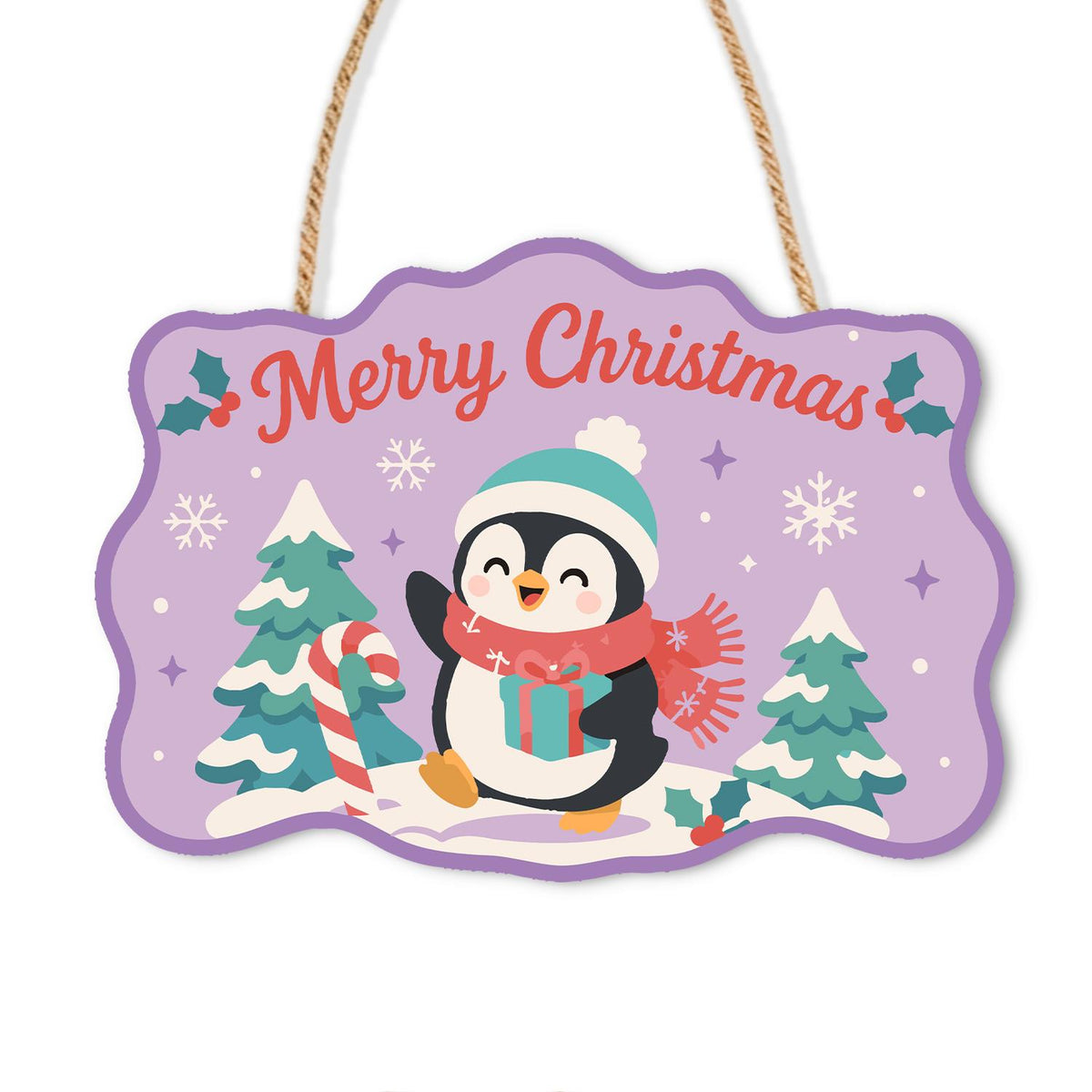 Teal Beanie Penguin on Lilac paint by numbers hanging sign – Penguin in a teal bobble hat and scarf holding a gift by snowy pines and a candy cane on lilac, Merry Christmas, on a wooden sign with a rope hanger