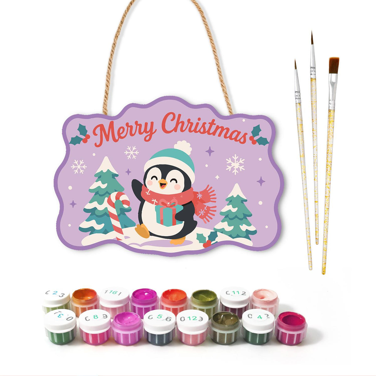 Teal Beanie Penguin on Lilac paint by numbers hanging sign – image 2