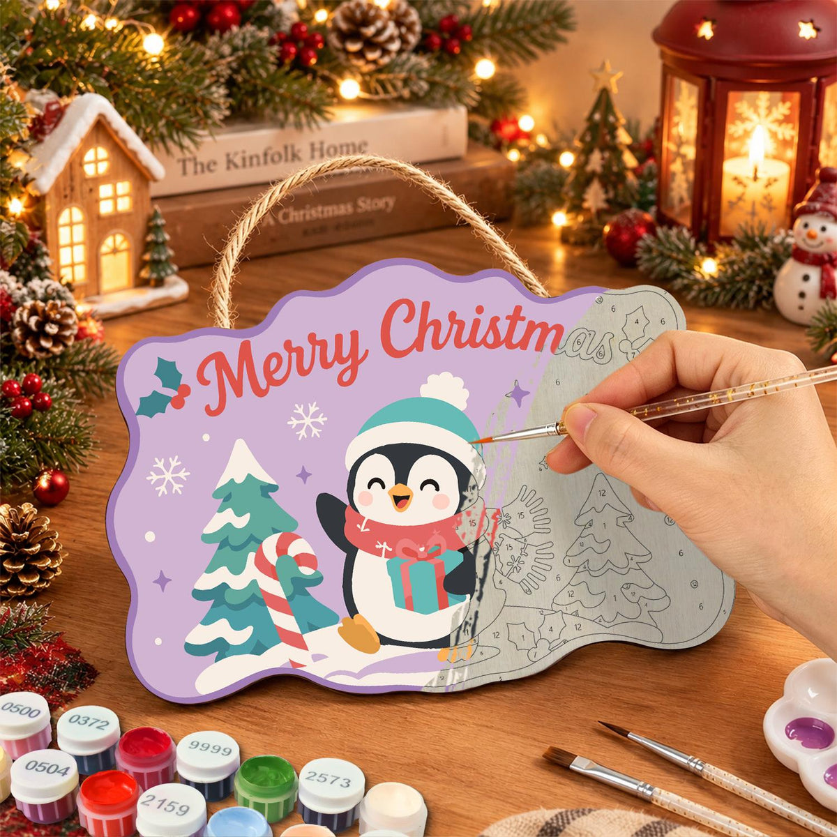 Teal Beanie Penguin on Lilac paint by numbers hanging sign – image 7