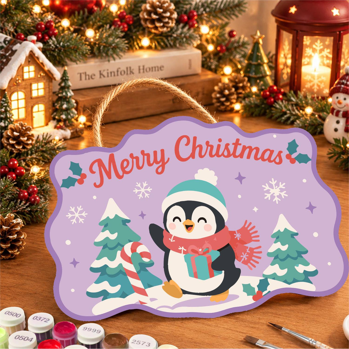 Teal Beanie Penguin on Lilac paint by numbers hanging sign – image 8