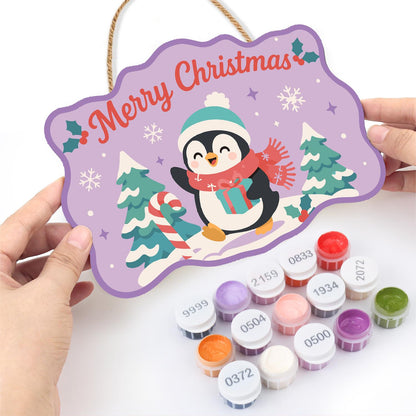 Teal Beanie Penguin on Lilac paint by numbers hanging sign – image 9