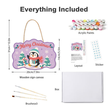 Teal Beanie Penguin on Lilac paint by numbers hanging sign – what's in the kit: the wooden sign, rope hanger, numbered paints and brushes