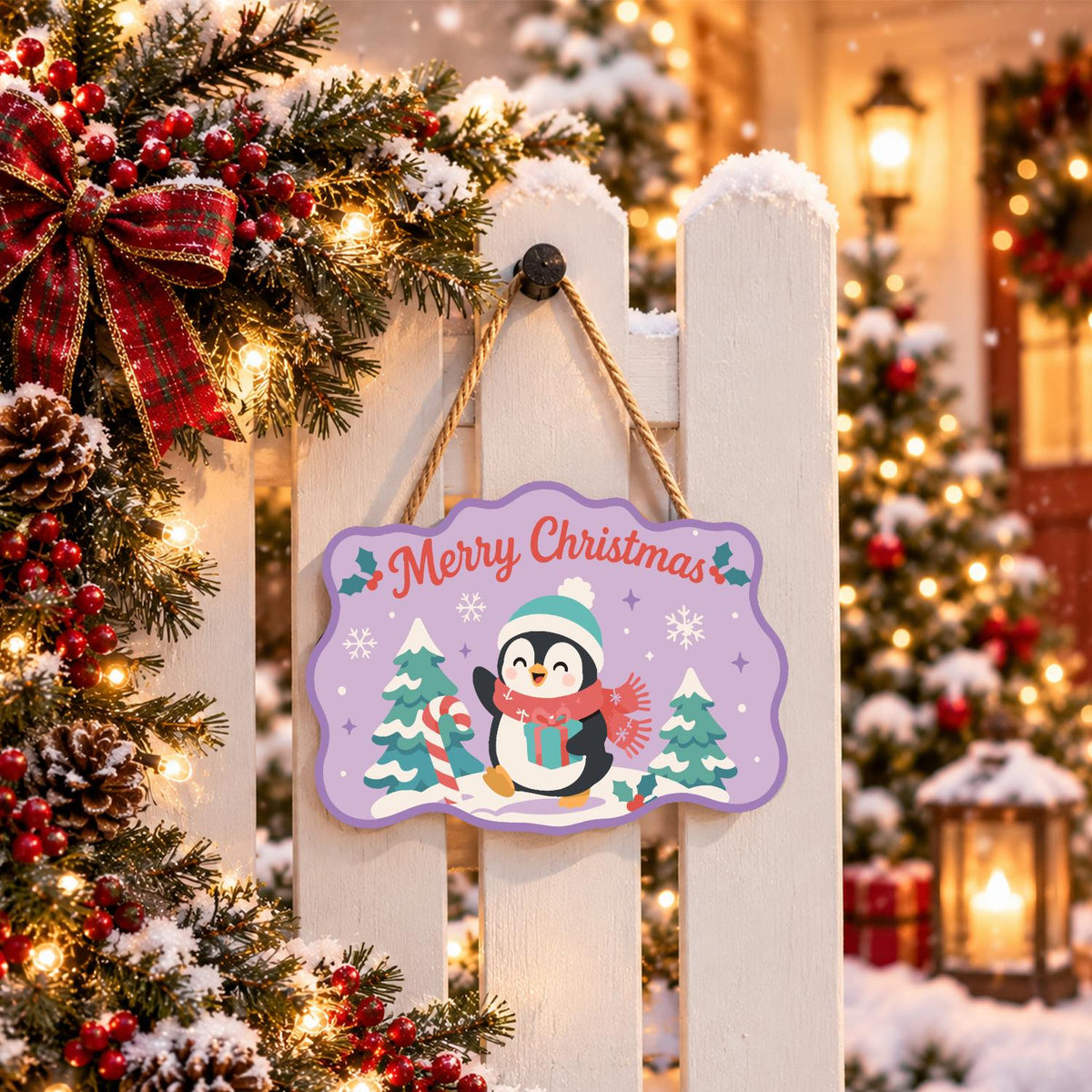 Teal Beanie Penguin on Lilac paint by numbers hanging sign – image 15