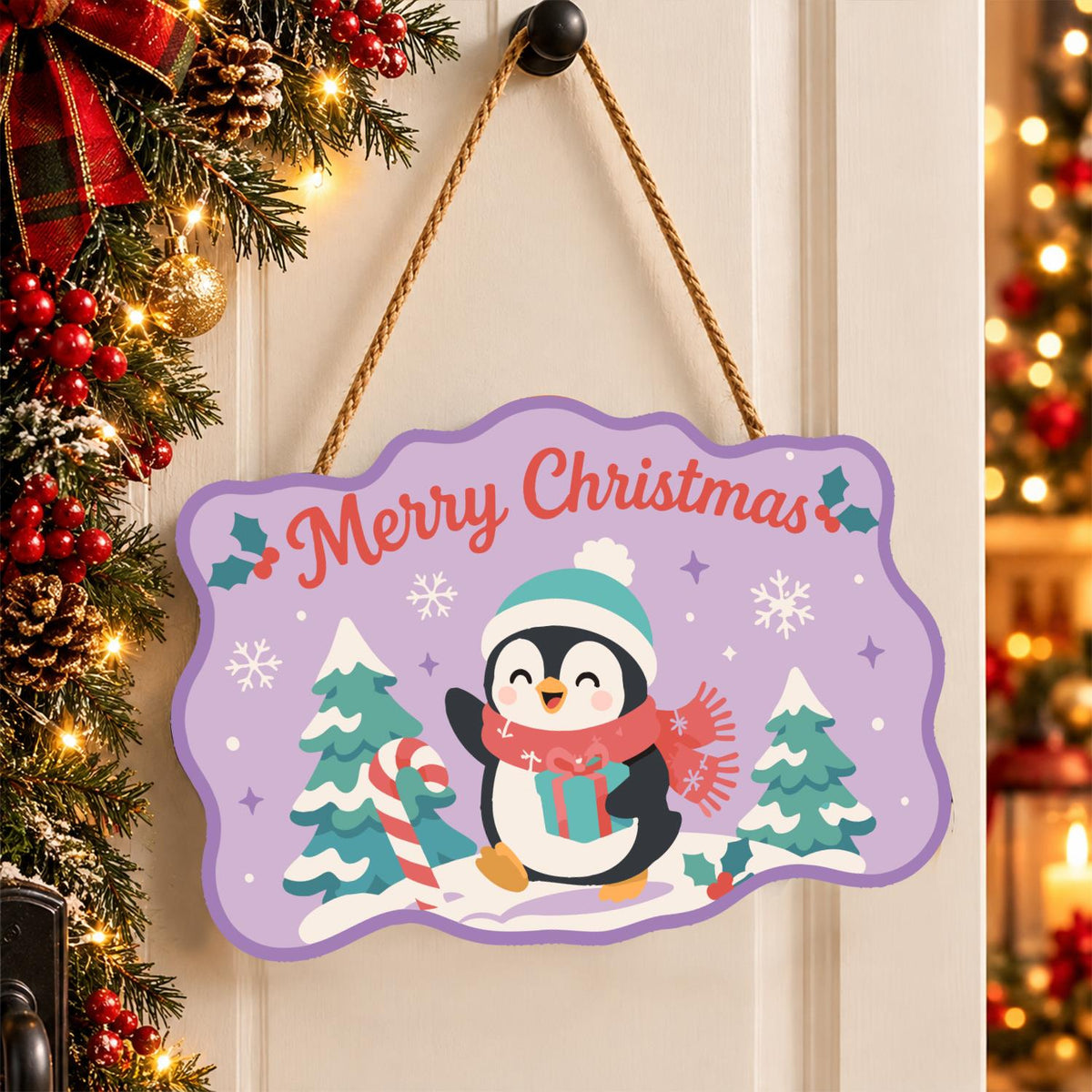 Teal Beanie Penguin on Lilac paint by numbers hanging sign – image 16