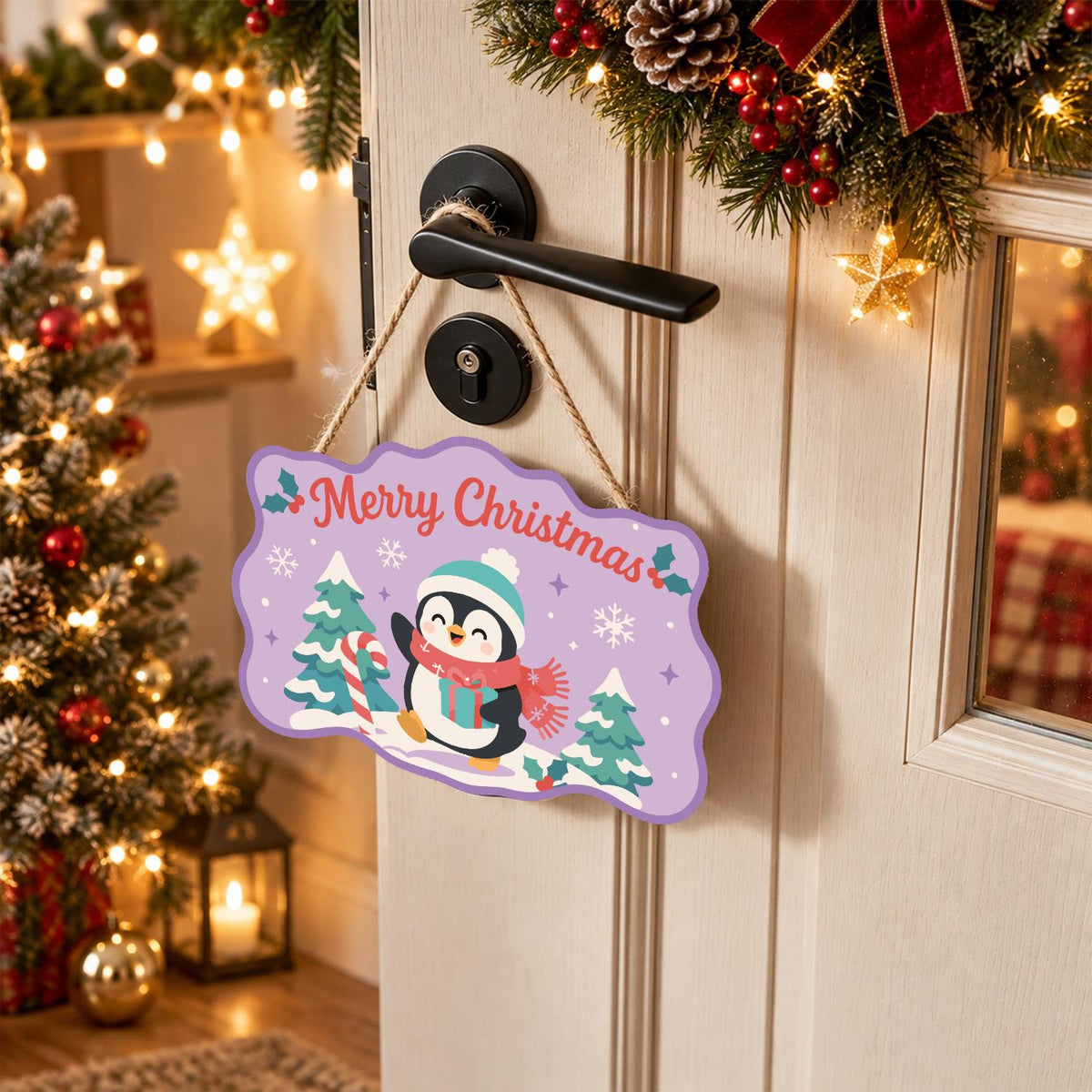 Teal Beanie Penguin on Lilac paint by numbers hanging sign – image 18