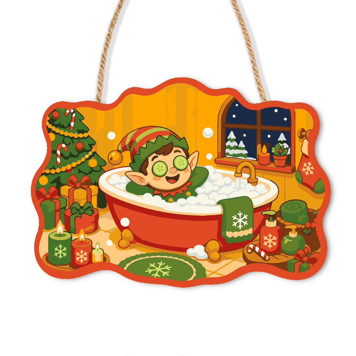 Elf Spa Soak with Cucumbers paint by numbers hanging sign – Elf in a green hat with cucumber slices on his eyes relaxing in a red bubble-filled tub by a tree, on a wooden sign with a rope hanger