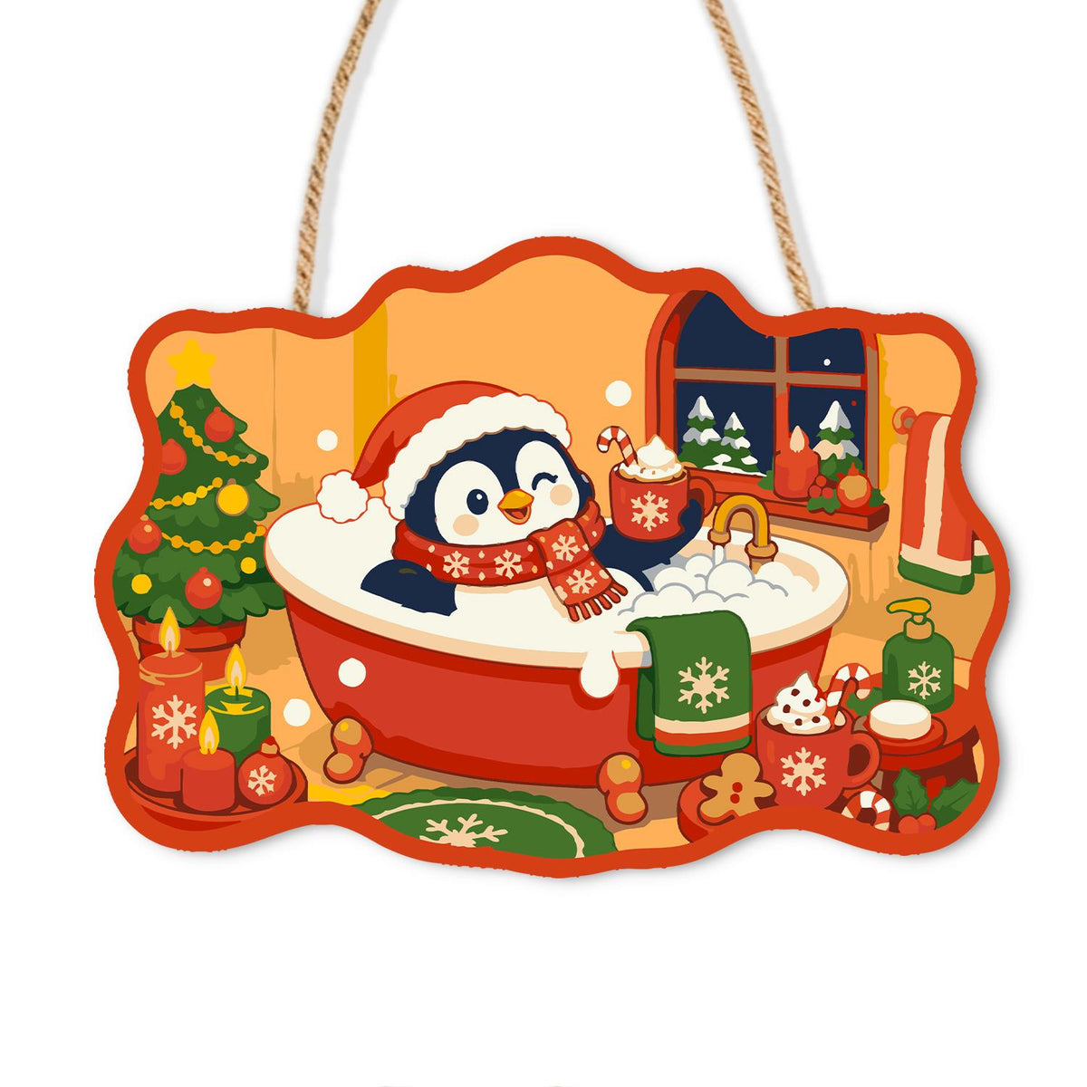 Penguin's Santa Hat Bubble Bath paint by numbers hanging sign – Penguin in a Santa hat and scarf waving from a red bubble-filled tub beside a Christmas tree, on a wooden sign with a rope hanger