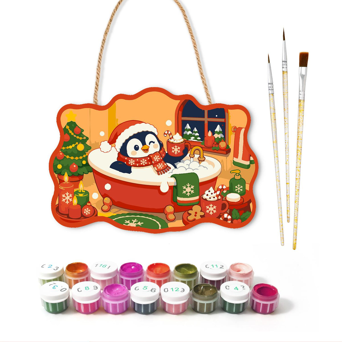 Penguin's Santa Hat Bubble Bath paint by numbers hanging sign – image 2