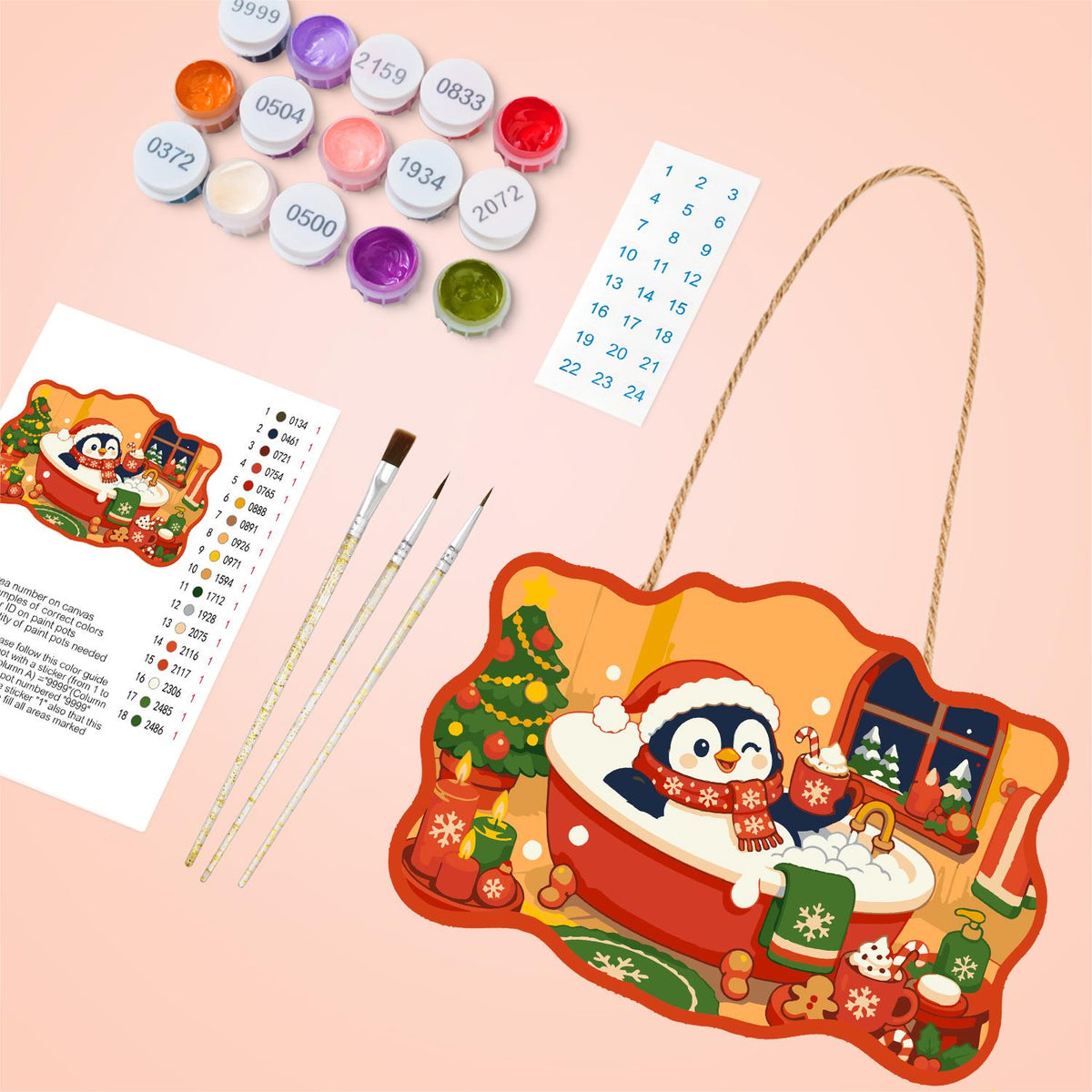 Penguin's Santa Hat Bubble Bath paint by numbers hanging sign – image 4