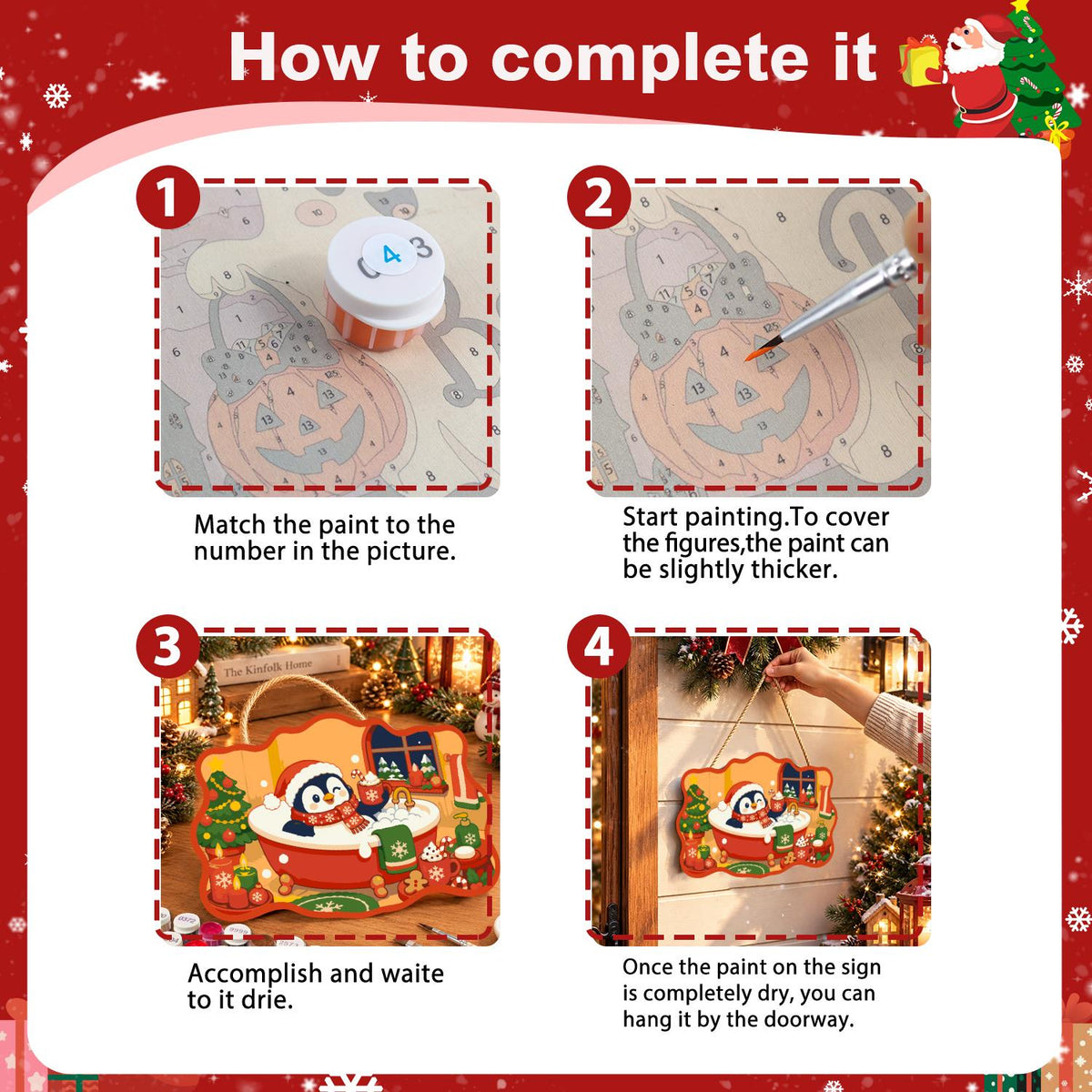 Penguin's Santa Hat Bubble Bath paint by numbers hanging sign – image 6