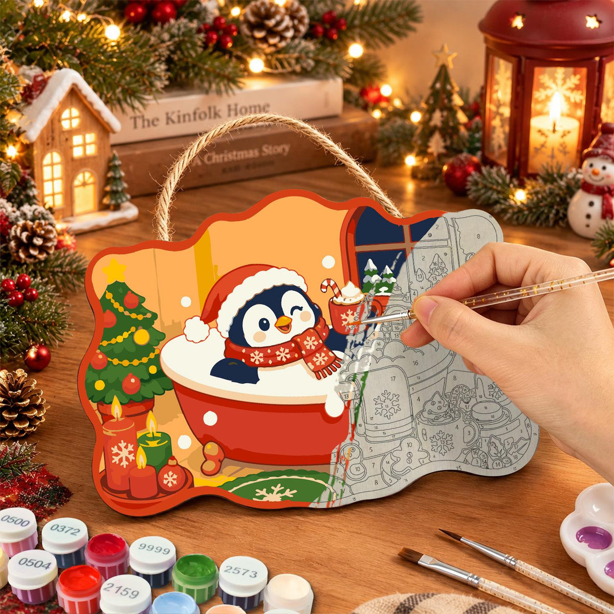 Penguin's Santa Hat Bubble Bath paint by numbers hanging sign – image 7