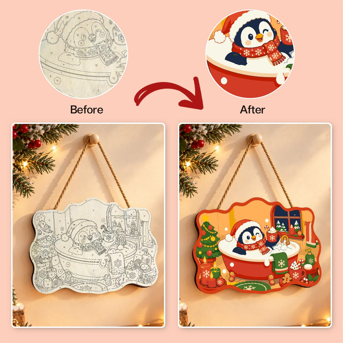Penguin's Santa Hat Bubble Bath paint by numbers hanging sign – image 10