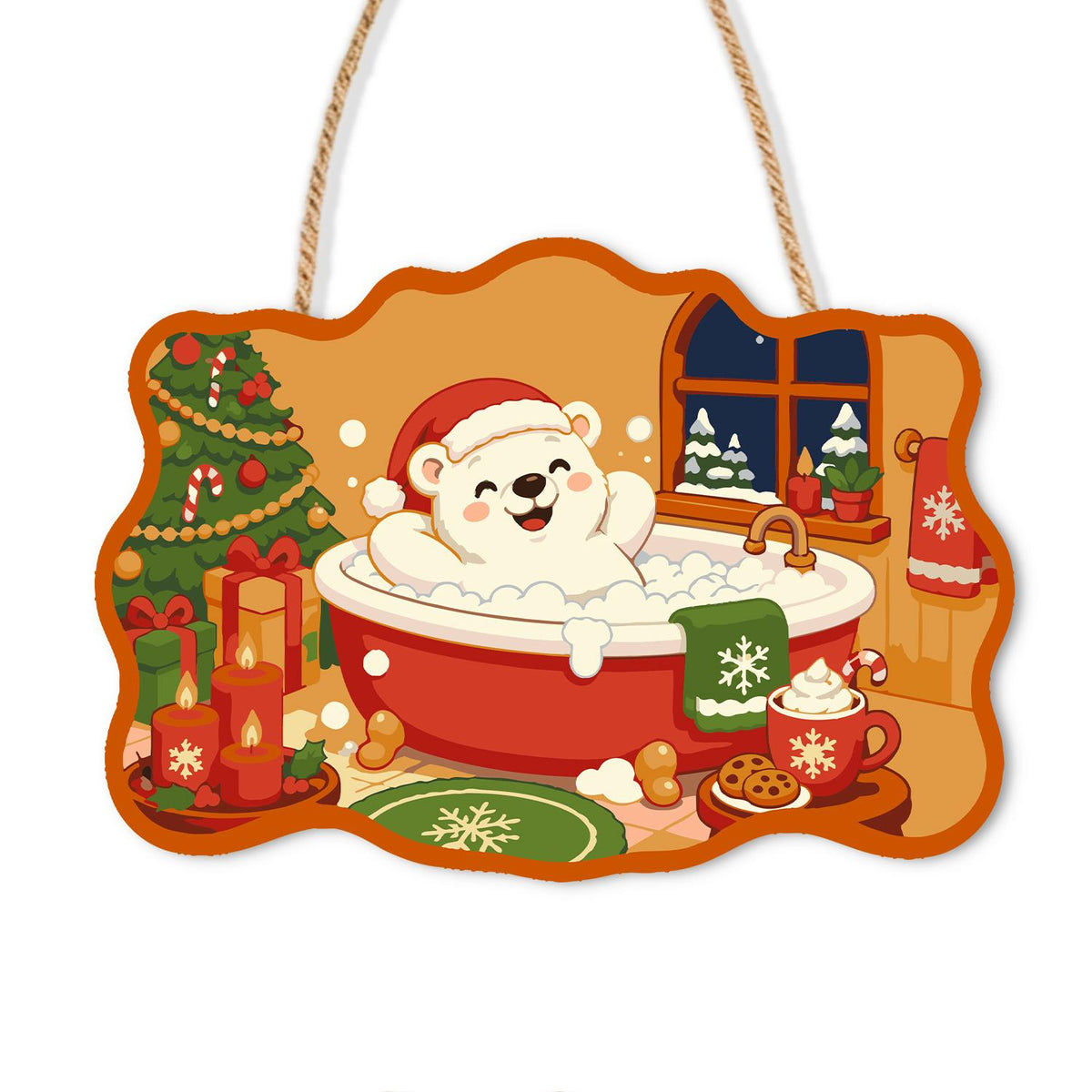 Waving Polar Bear Tub Time paint by numbers hanging sign – Polar bear in a Santa hat waving from a red tub of bubbles by a snowy window, with cocoa and cookies, on a wooden sign with a rope hanger