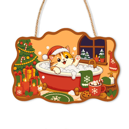 Ginger Cat in the Suds paint by numbers hanging sign – Ginger and white cat in a Santa hat waving a paw from a red bubble-filled tub, with cocoa and gifts, on a wooden sign with a rope hanger