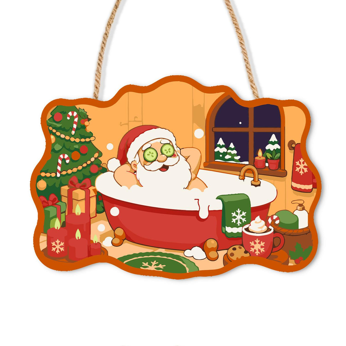 Beard-Deep Santa Bubble Bath paint by numbers hanging sign – Santa with cucumber eye slices sunk to his beard in a red bubble-filled tub, candles and gifts beside, on a wooden sign with a rope hanger