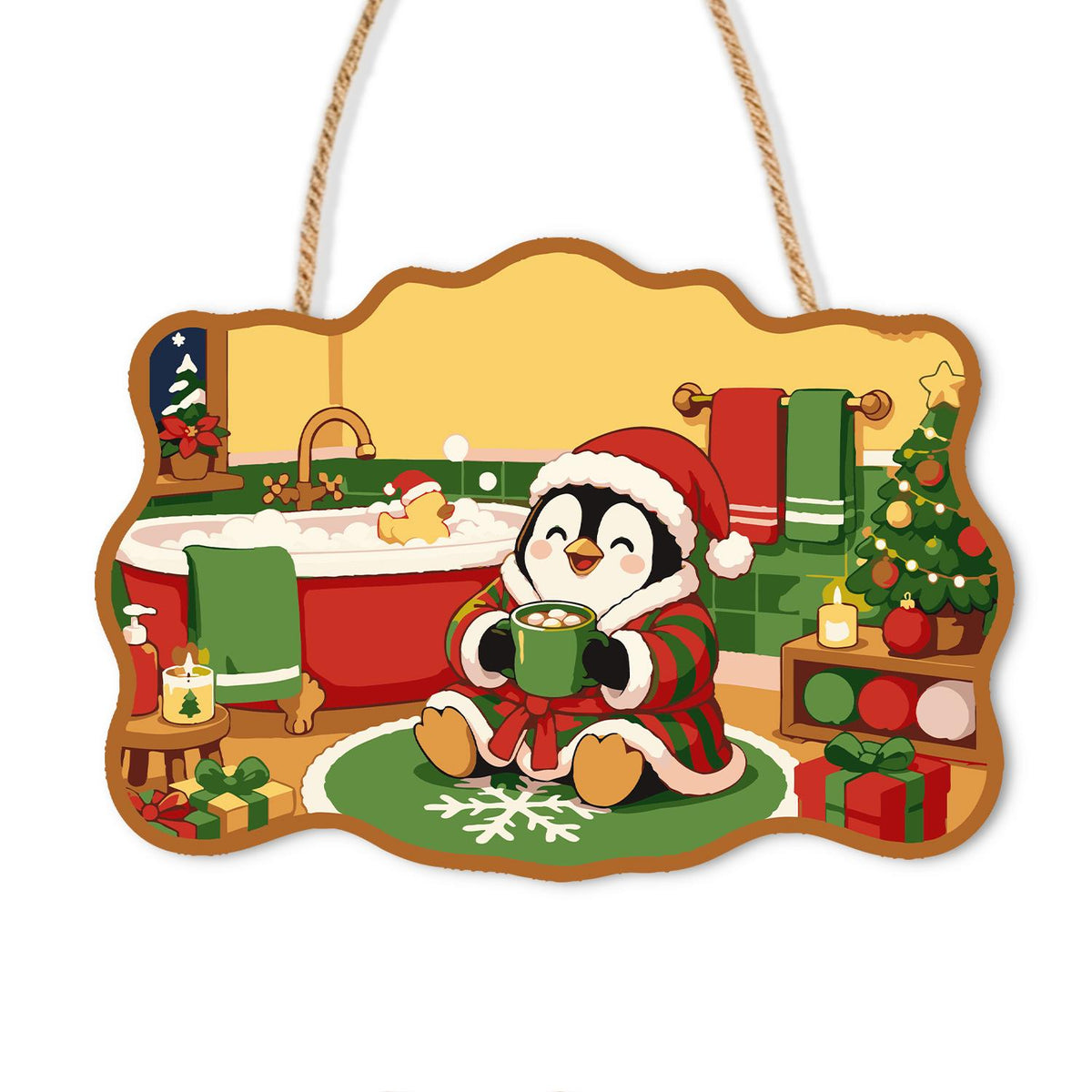 Robed Penguin with Cocoa paint by numbers hanging sign – Penguin in a red and green robe holding a mug of cocoa beside a bubble bath and Christmas tree, on a wooden sign with a rope hanger