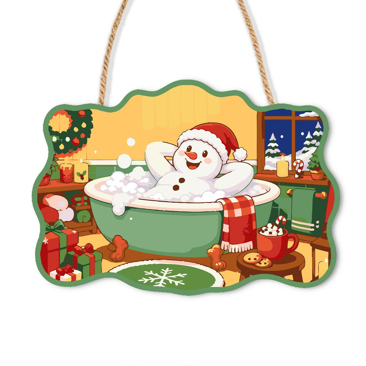 Laid-Back Snowman in a Green Tub paint by numbers hanging sign – Snowman in a Santa hat leaning back with hands behind his head in a green tub of bubbles, on a wooden sign with a rope hanger