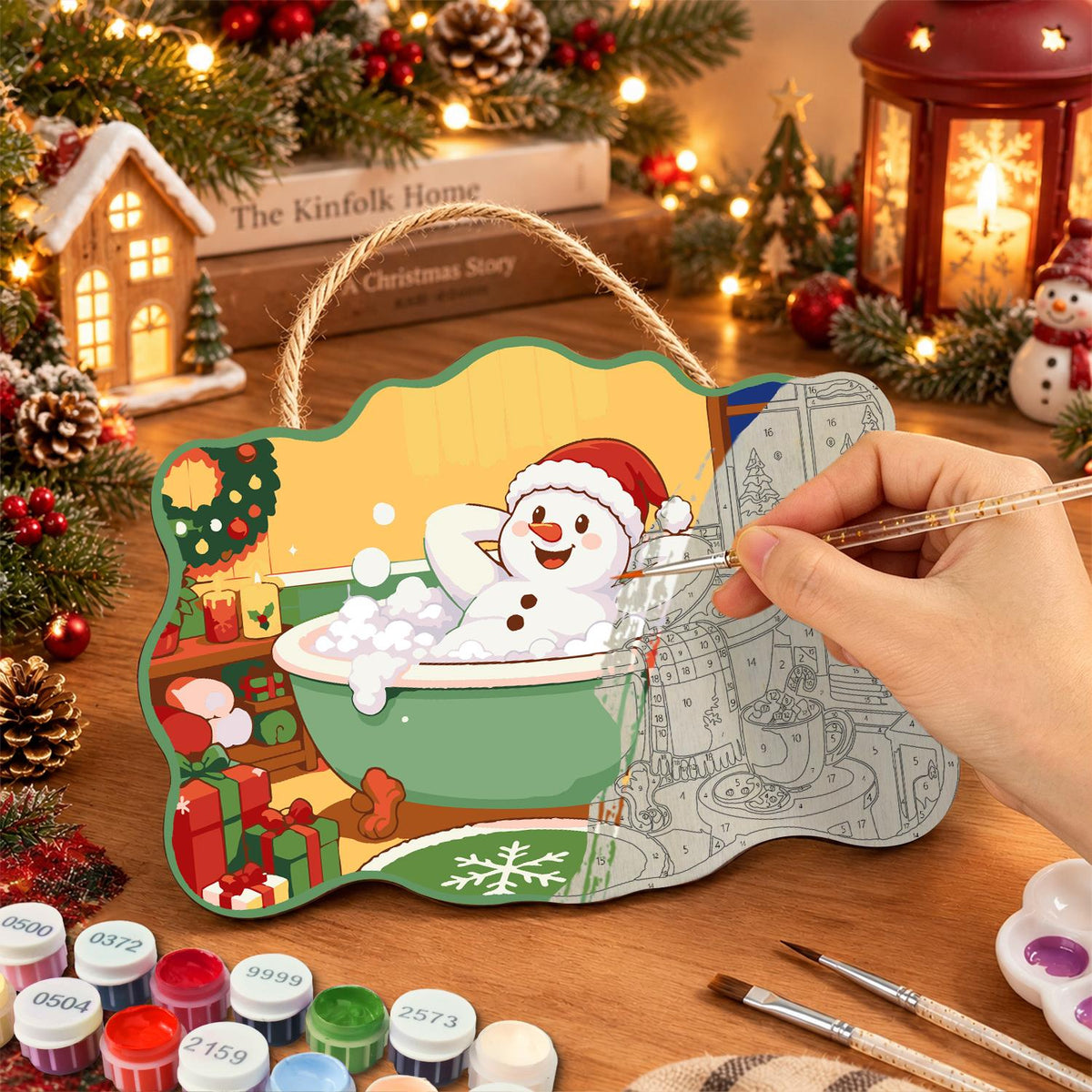Laid-Back Snowman in a Green Tub paint by numbers hanging sign – image 7