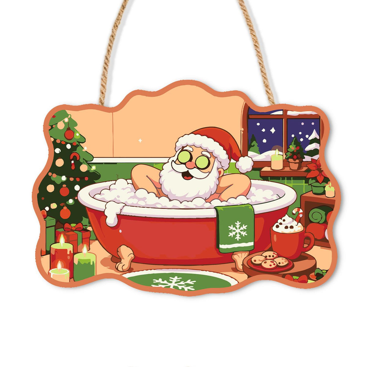 Arms-Wide Santa Spa Soak paint by numbers hanging sign – Santa with cucumber slices on his eyes, arms resting on a red bubble-filled tub, cocoa and tree nearby, on a wooden sign with a rope hanger
