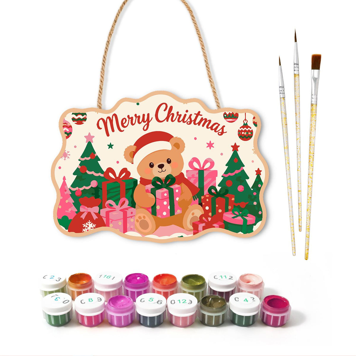 Santa Hat Teddy Among Pink Gifts paint by numbers hanging sign – image 2