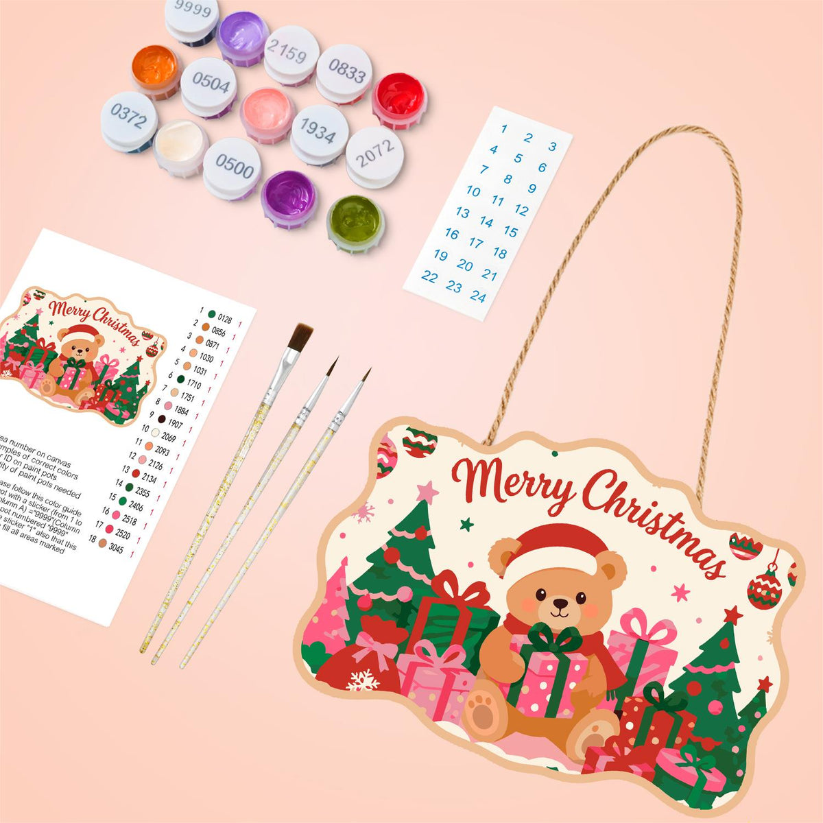 Santa Hat Teddy Among Pink Gifts paint by numbers hanging sign – image 4