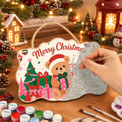 Santa Hat Teddy Among Pink Gifts paint by numbers hanging sign – image 7