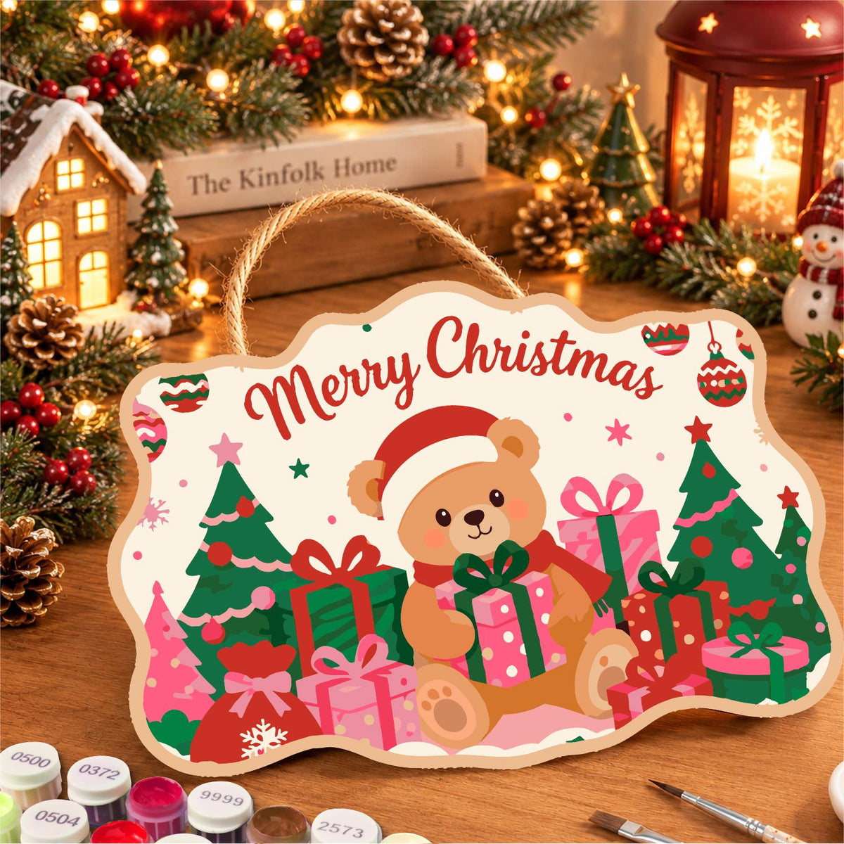 Santa Hat Teddy Among Pink Gifts paint by numbers hanging sign – image 8