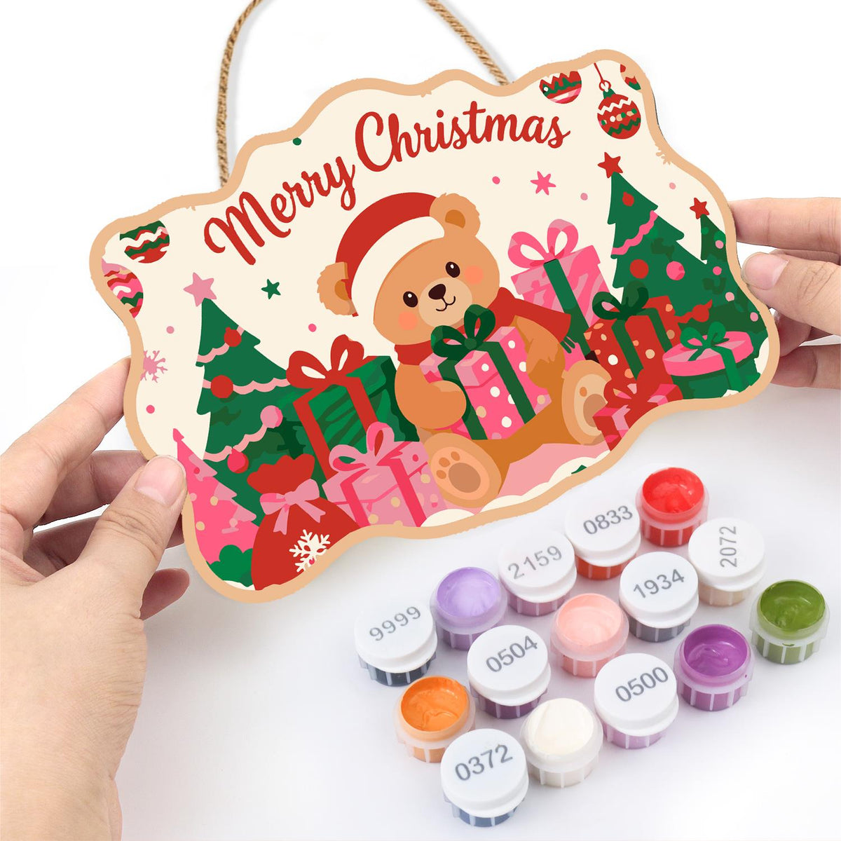 Santa Hat Teddy Among Pink Gifts paint by numbers hanging sign – image 9