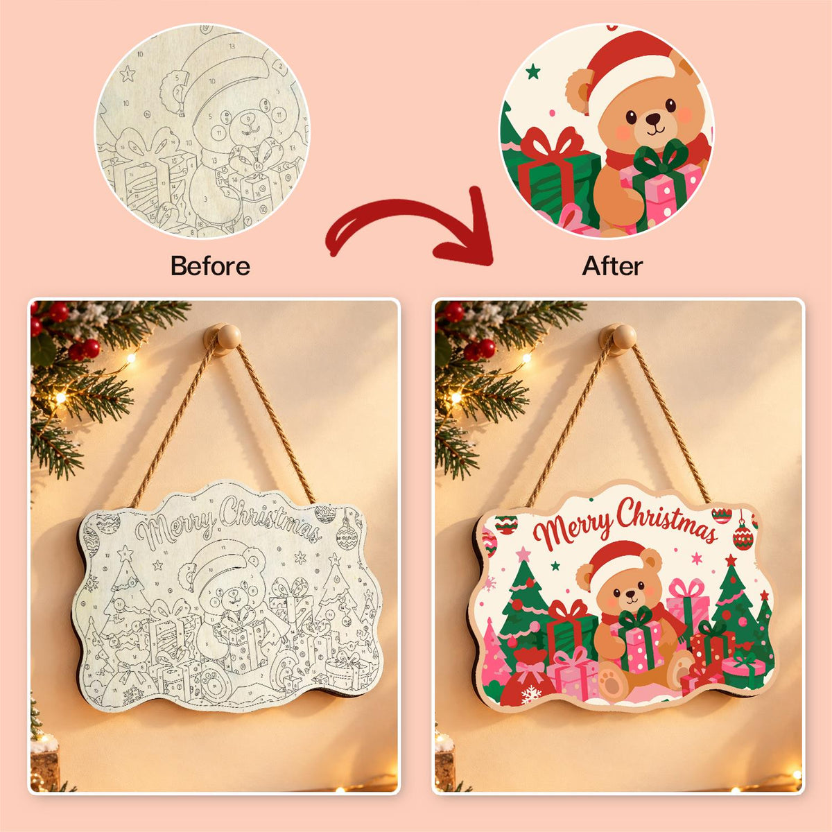 Santa Hat Teddy Among Pink Gifts paint by numbers hanging sign – image 10