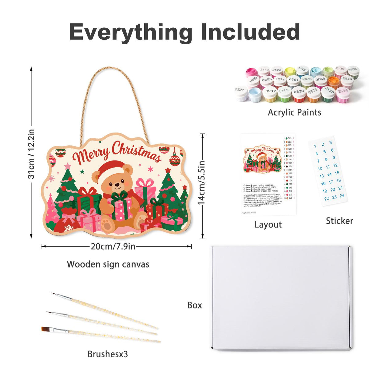 Santa Hat Teddy Among Pink Gifts paint by numbers hanging sign – what's in the kit: the wooden sign, rope hanger, numbered paints and brushes