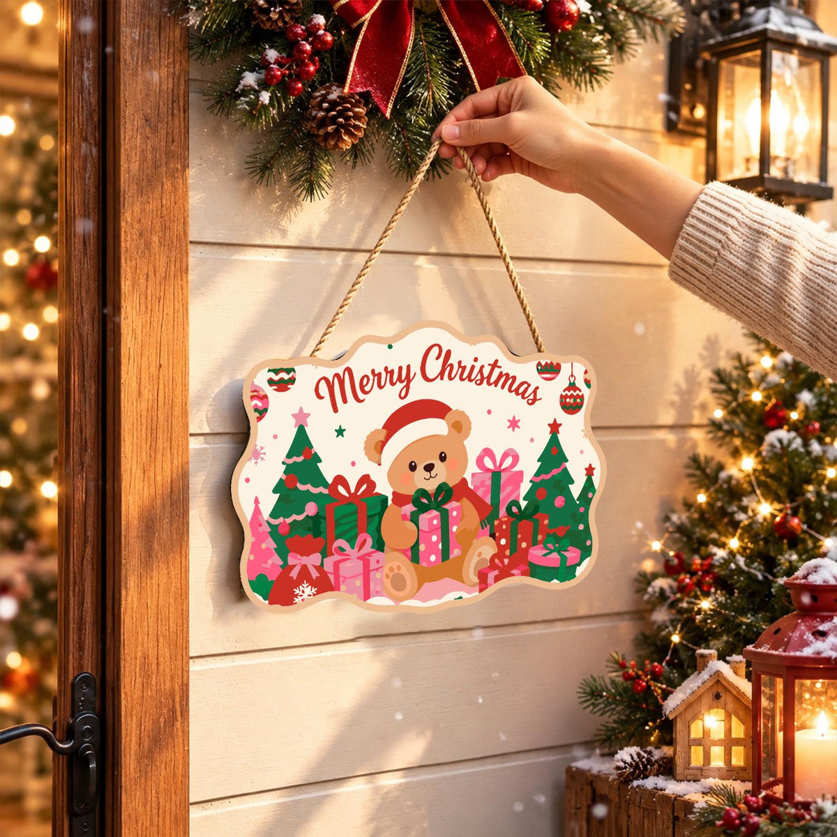 Santa Hat Teddy Among Pink Gifts paint by numbers hanging sign – image 14