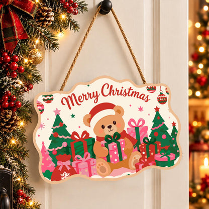 Santa Hat Teddy Among Pink Gifts paint by numbers hanging sign – image 16
