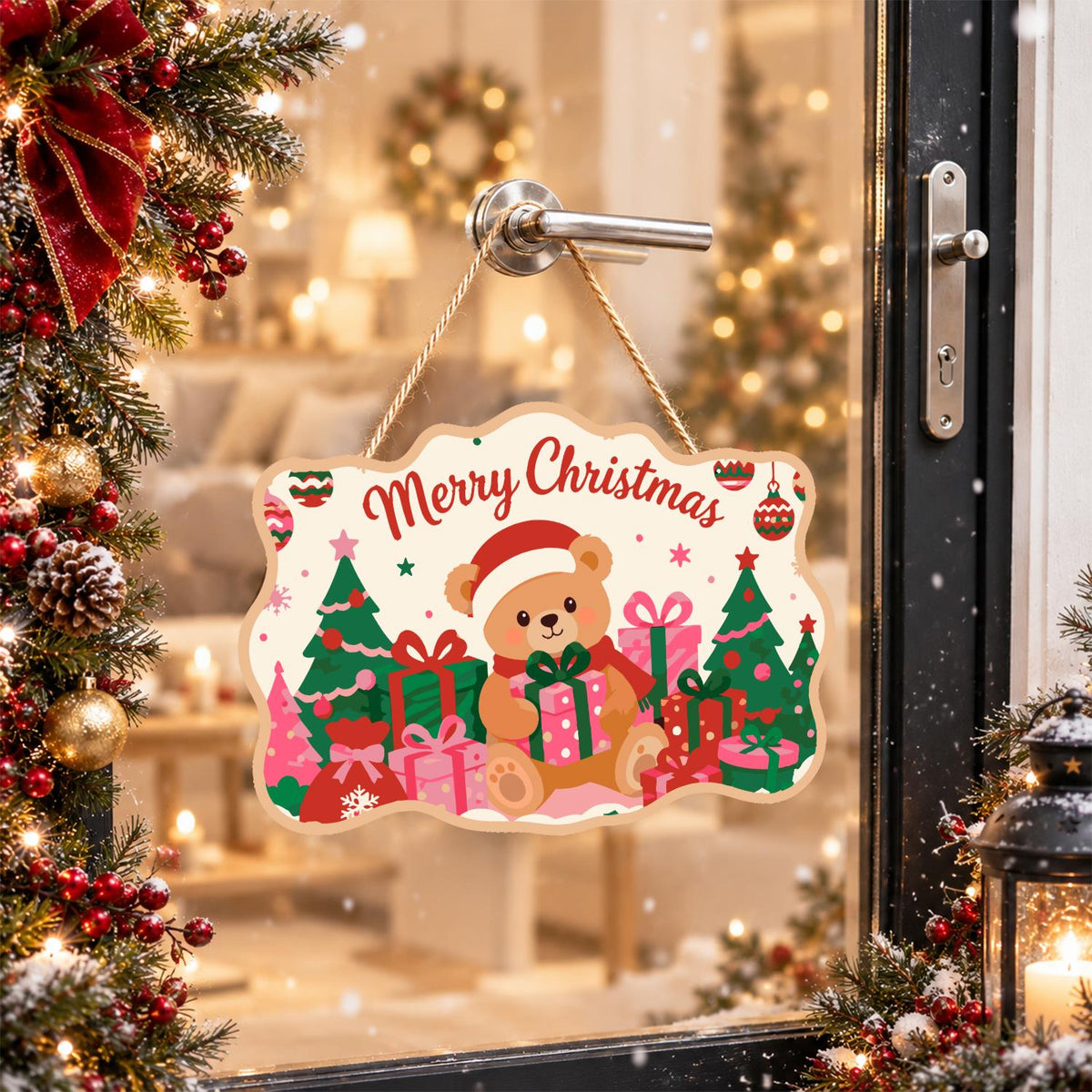 Santa Hat Teddy Among Pink Gifts paint by numbers hanging sign – image 17