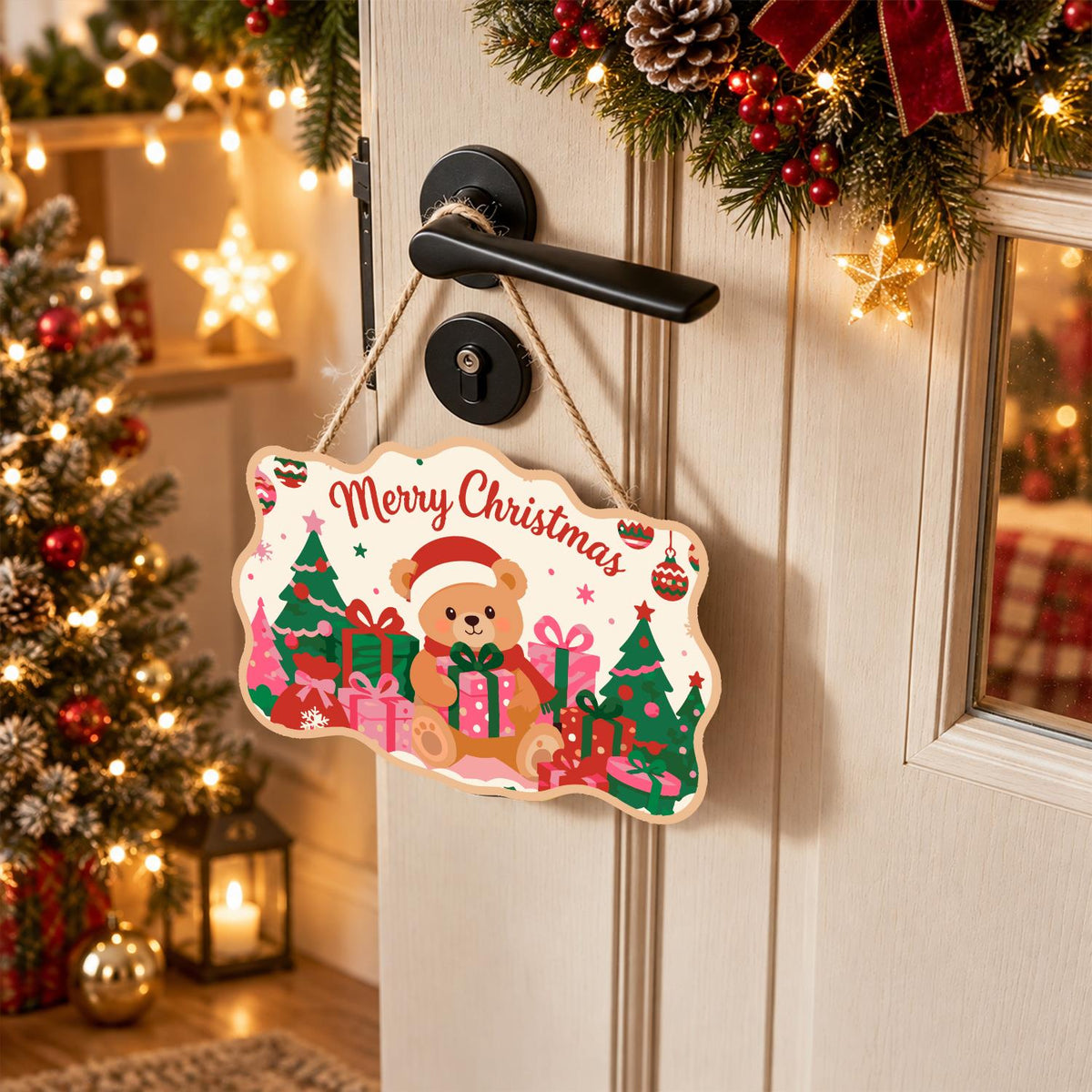 Santa Hat Teddy Among Pink Gifts paint by numbers hanging sign – image 18